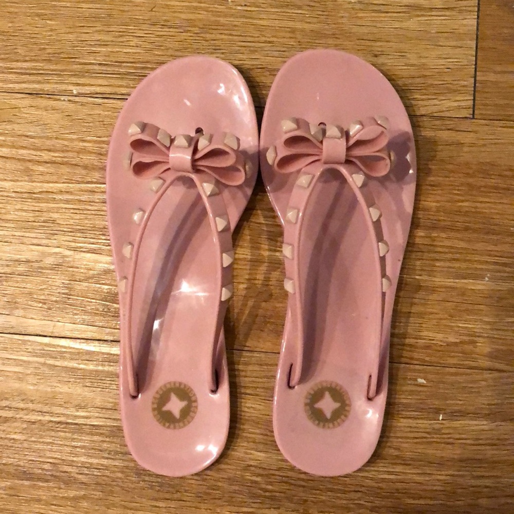 Blush pink studded bow flip flops